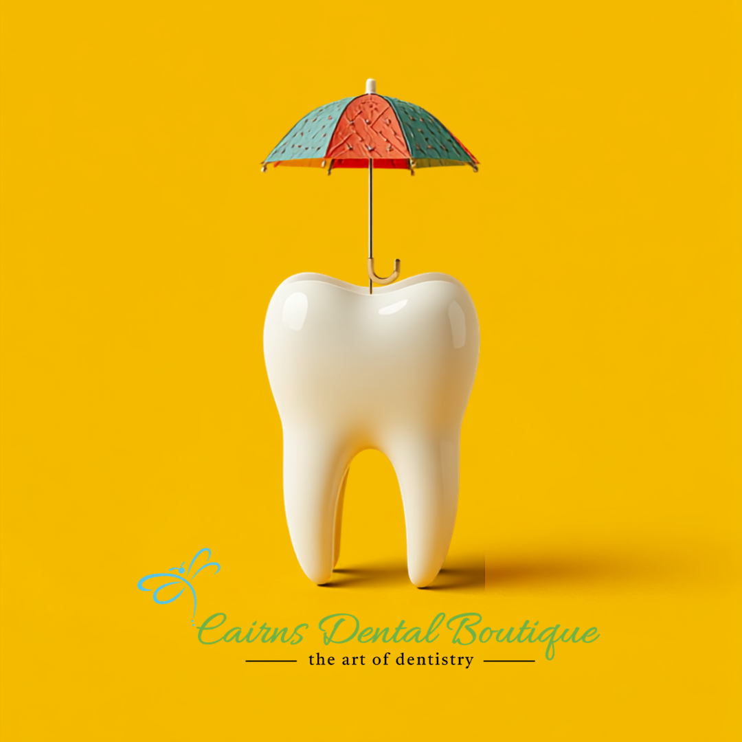 Healthy tooth with an umbrella overhead for protection